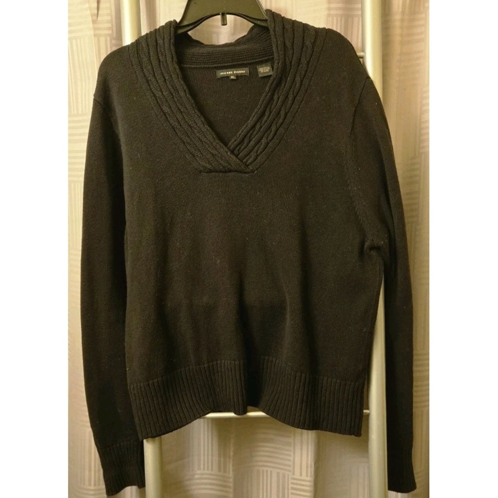 Jeanne Pierre Sweater Women's XL Tight Knit Shawl Collar 100% Cotton Black Color
